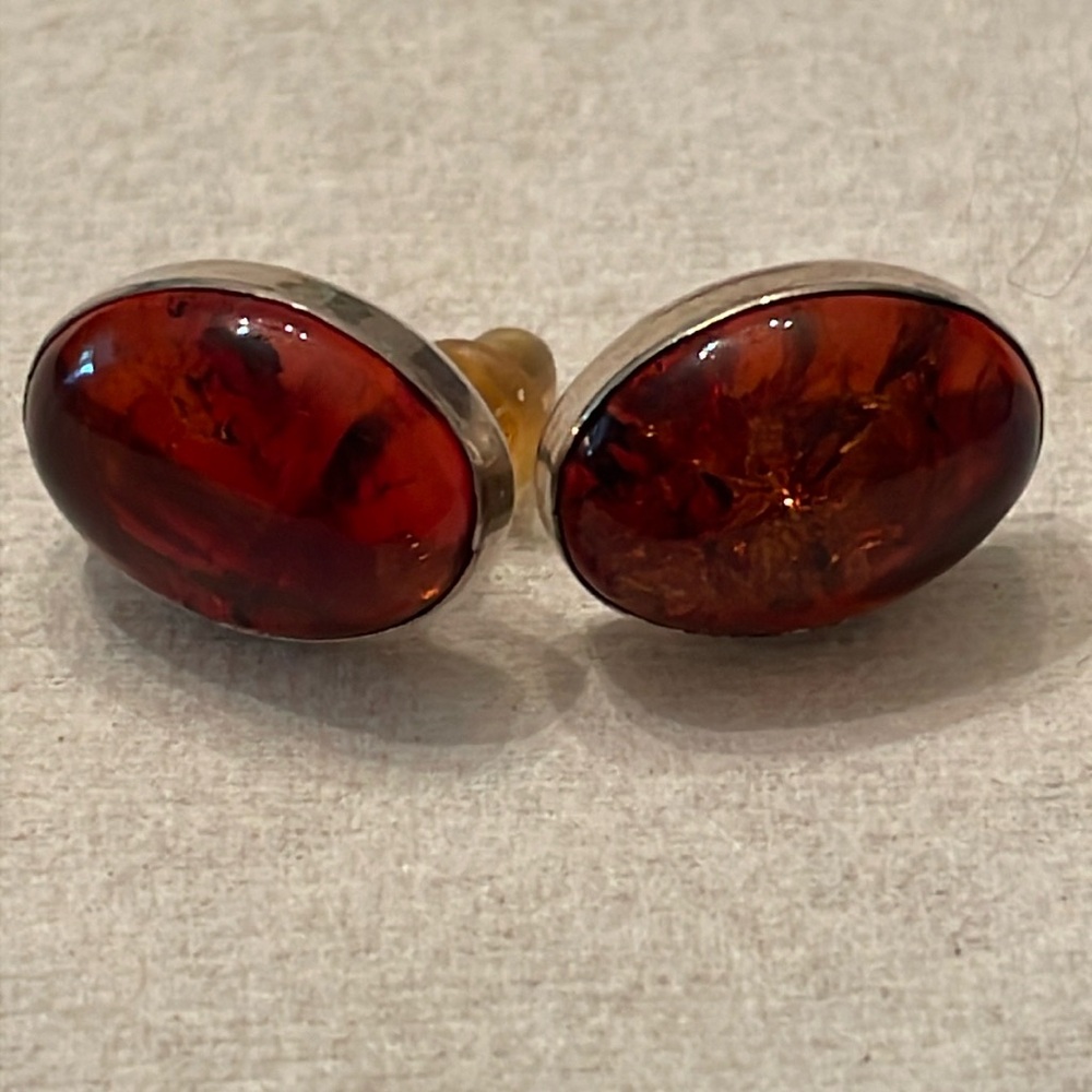 Oval Amber Stud Earrings - Vintage Sterling Silver Jewellery